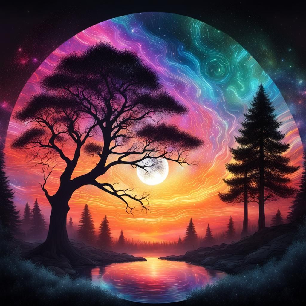 Cosmic Tree Silhouette with Sunset, Holographic Illustration