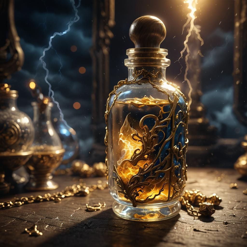 Glowing Potion of Resistance in Thunderstorm: Digital Art