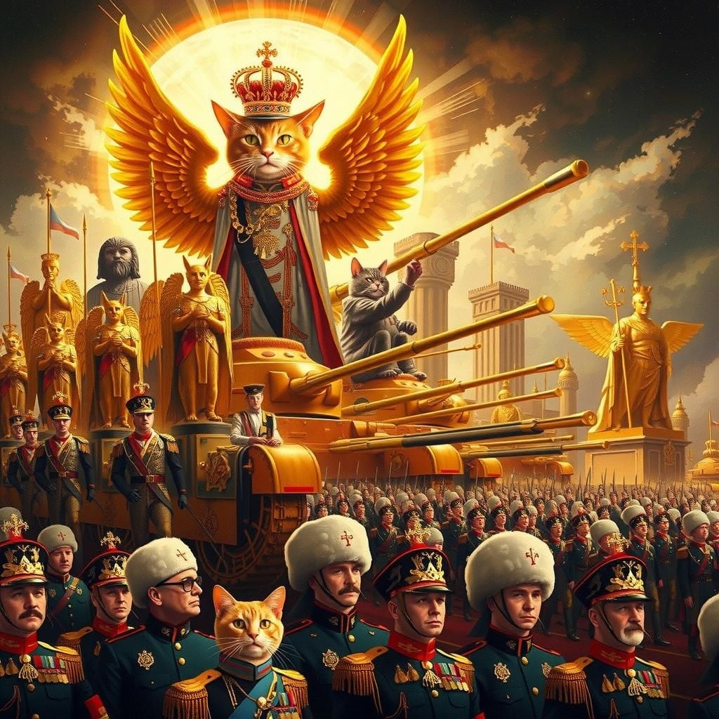 Regal Cat Soldiers Parade in Social Realism Style