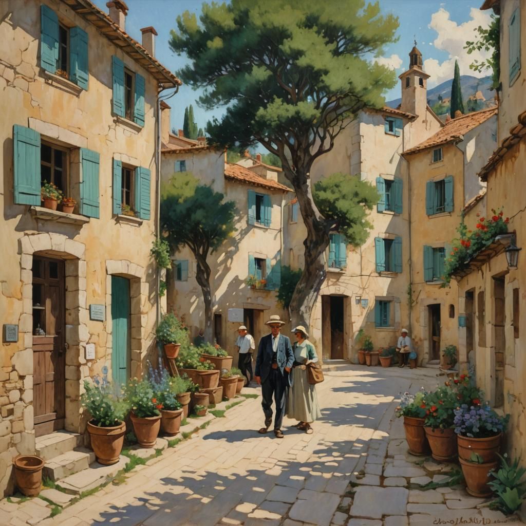 French Village Life in Provence, Oil Painting