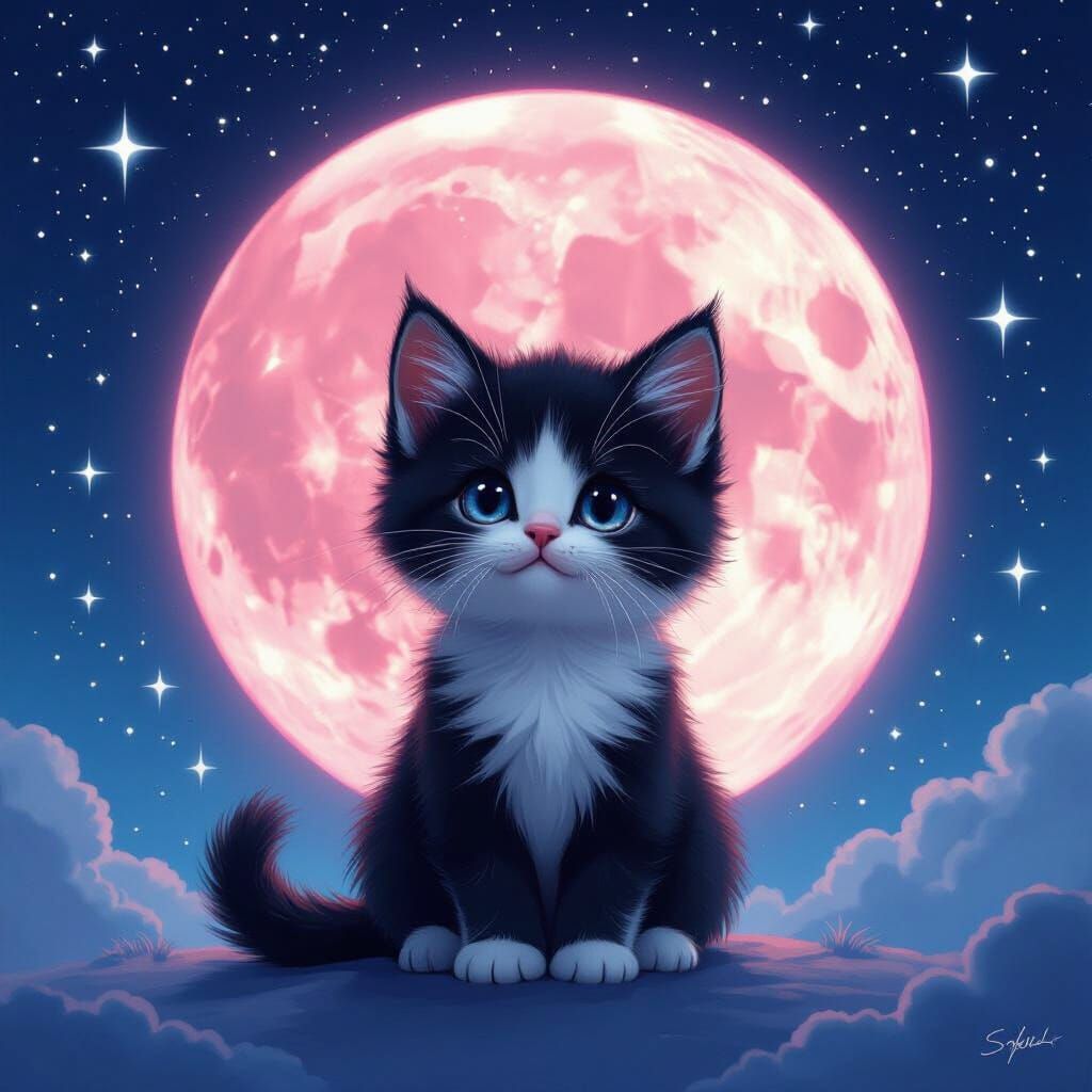Fluffy Kitten Under Pink Moon with Blue Stars