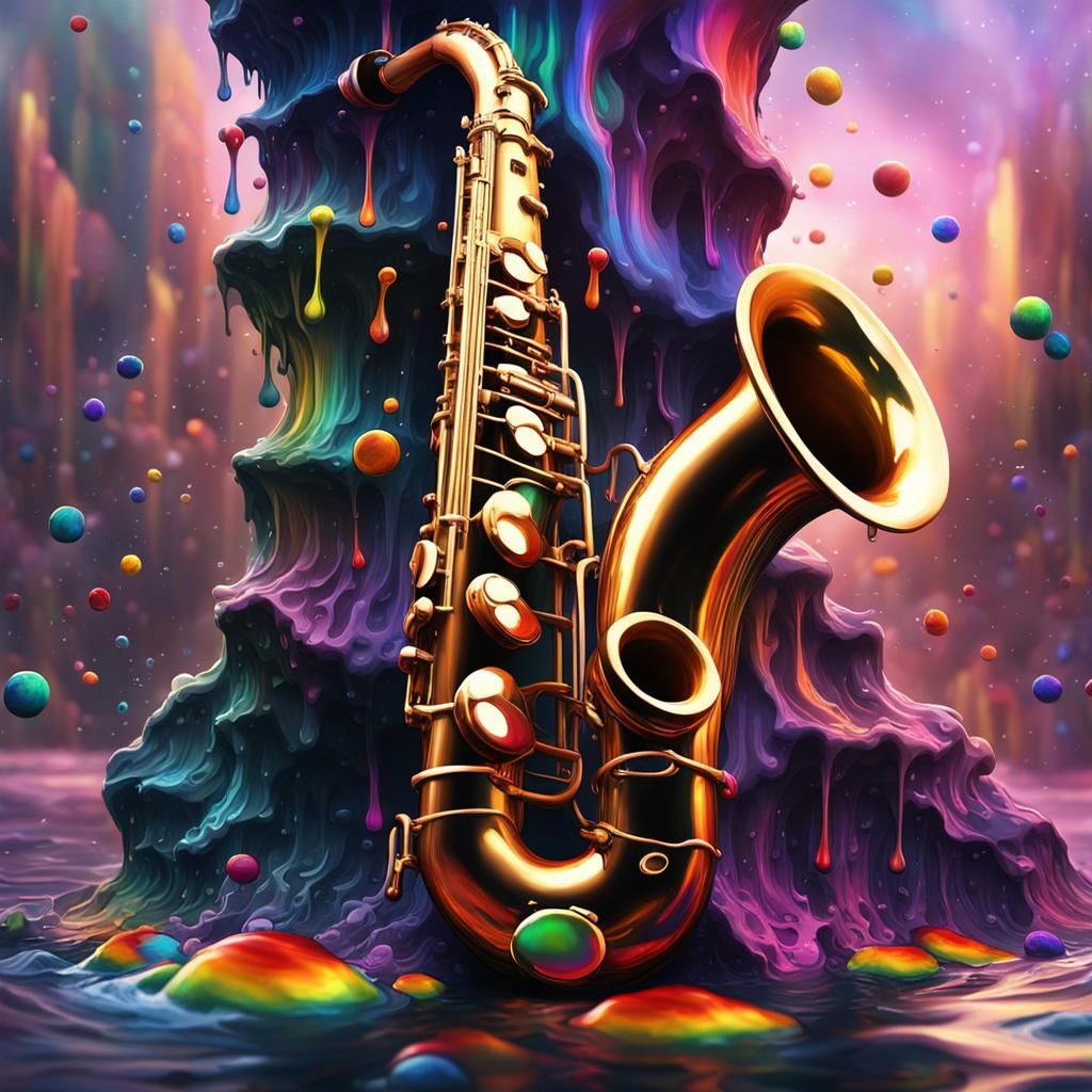 Melting Saxophone: A Watercolor Rainbow River