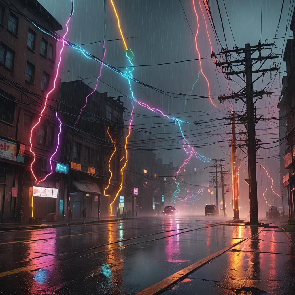 Colorful Neon Streak Through Rainy Power Line