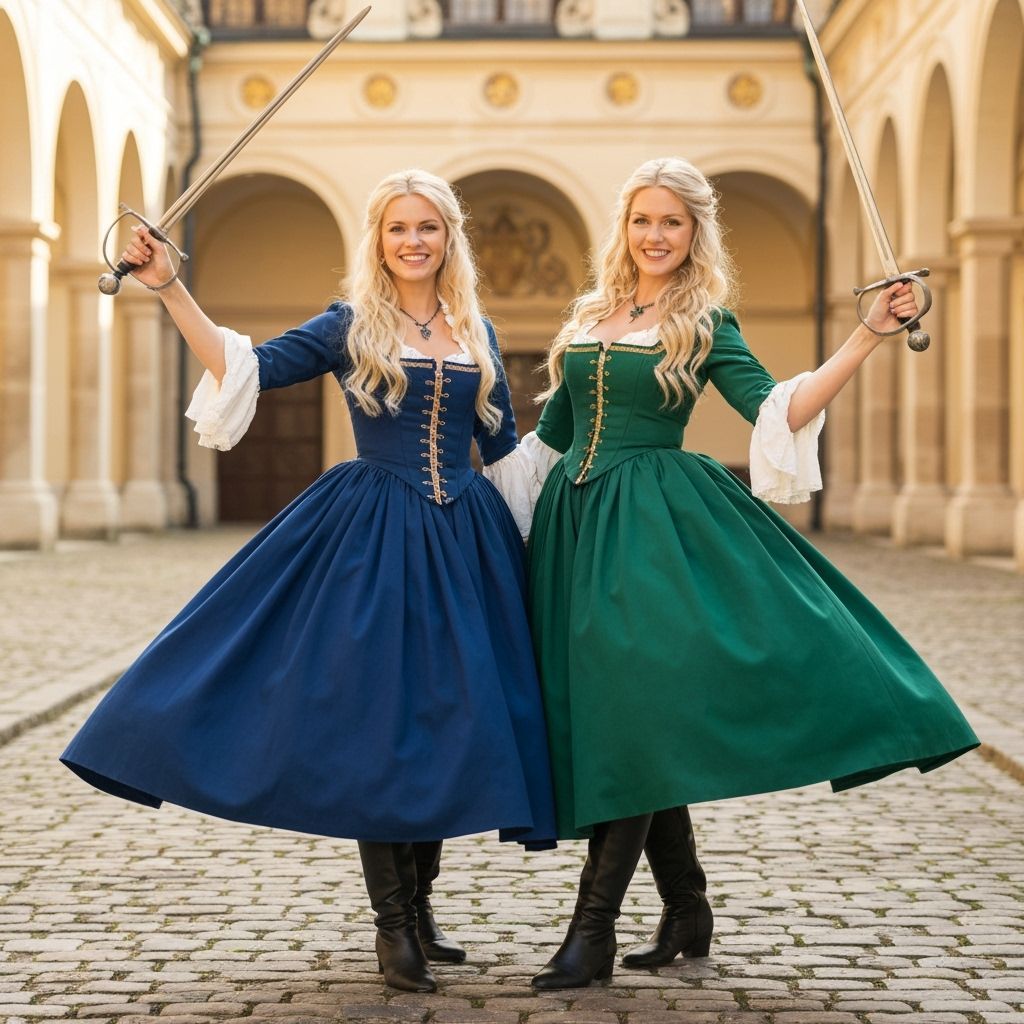 Musketeer Women with Swords Drawn Giggling