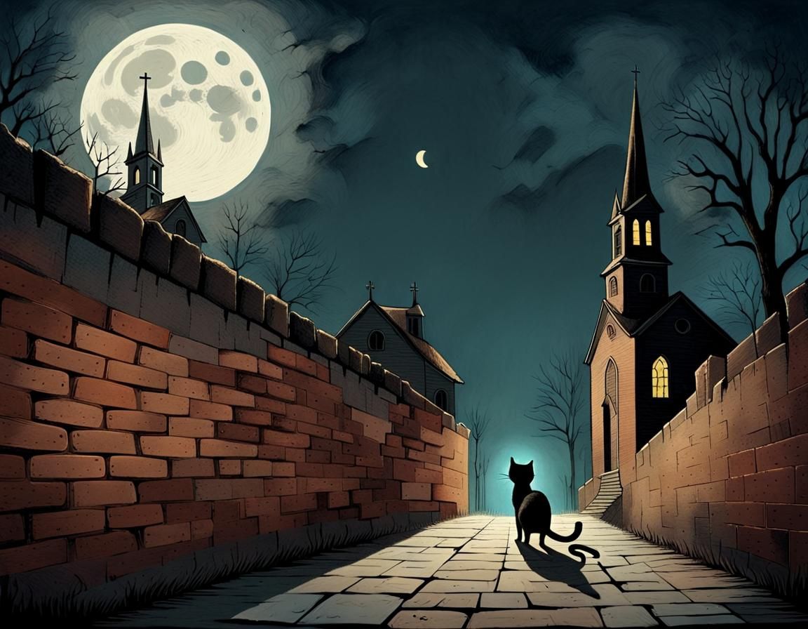 Cat Strolling at Night with Church Silhouette