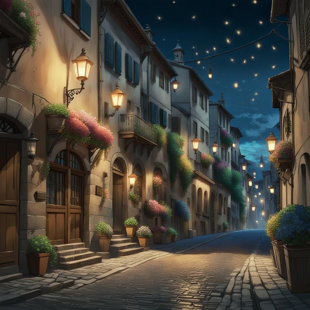 Nighttime Italian Street in Studio Ghibli Style