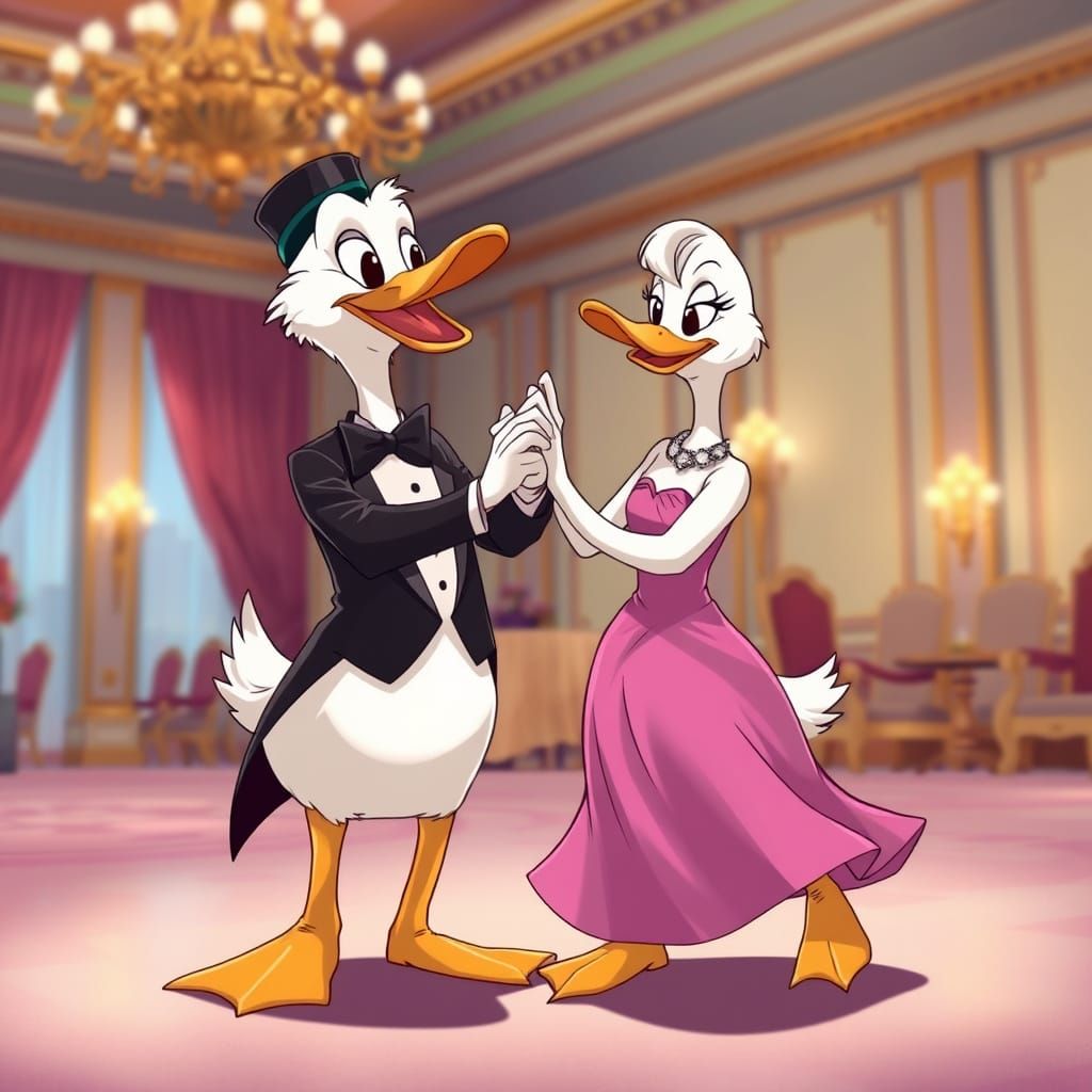 Anime Key Visual: Dancing Ducks in a Ballroom
