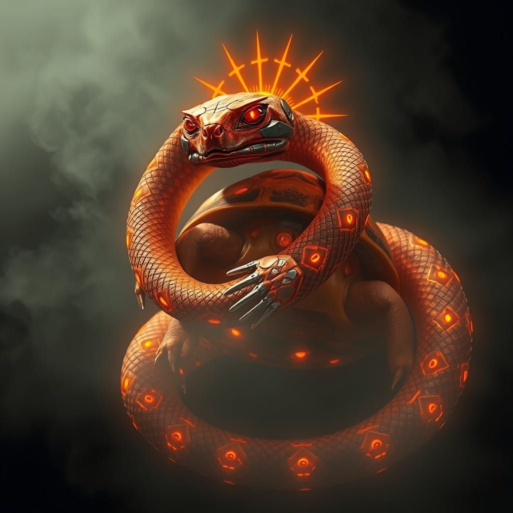 Cybernetic Snake and Tortoise in Gritty, High-Tech Realism