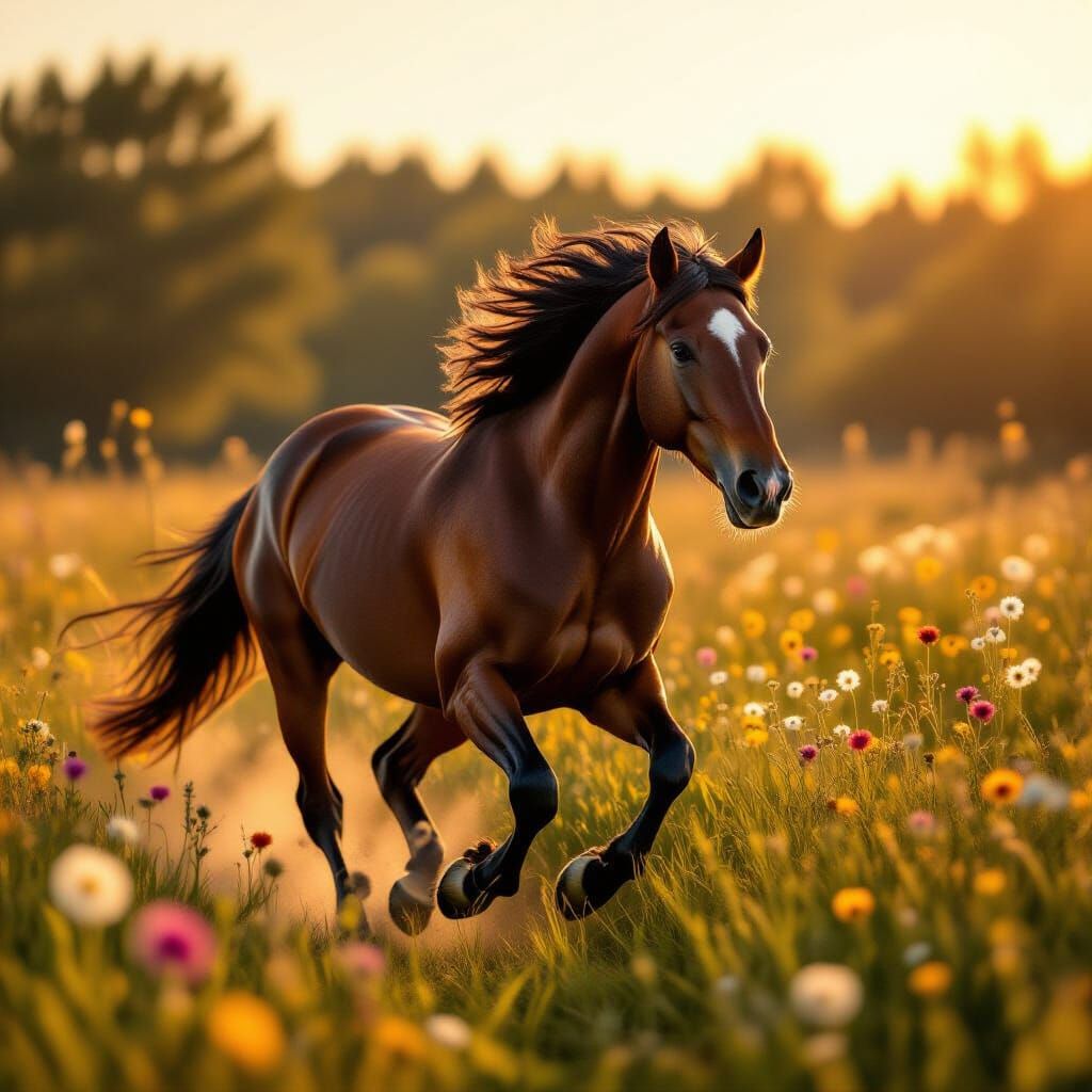 Majestic Horse Galloping in Sunlit Meadow