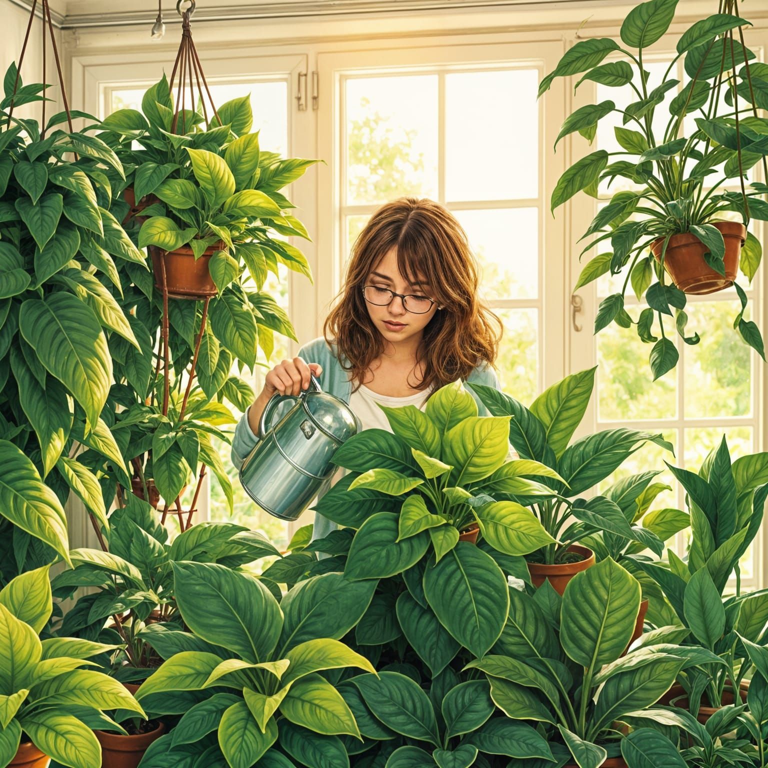 Woman Waters Maximalist Houseplants in Cozy Green Interior
