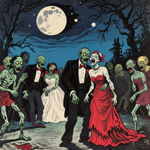 Zombie Prom Night Horror in Gustave Doré Ukiyo-e Style
