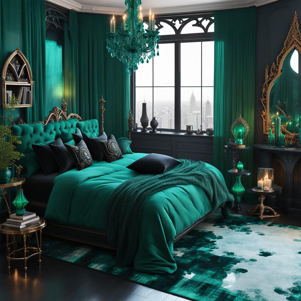 Teal green gothic bedroom with Emerald green frames& gothic windows& gothic emerald green curtains& Emerald green gothic...