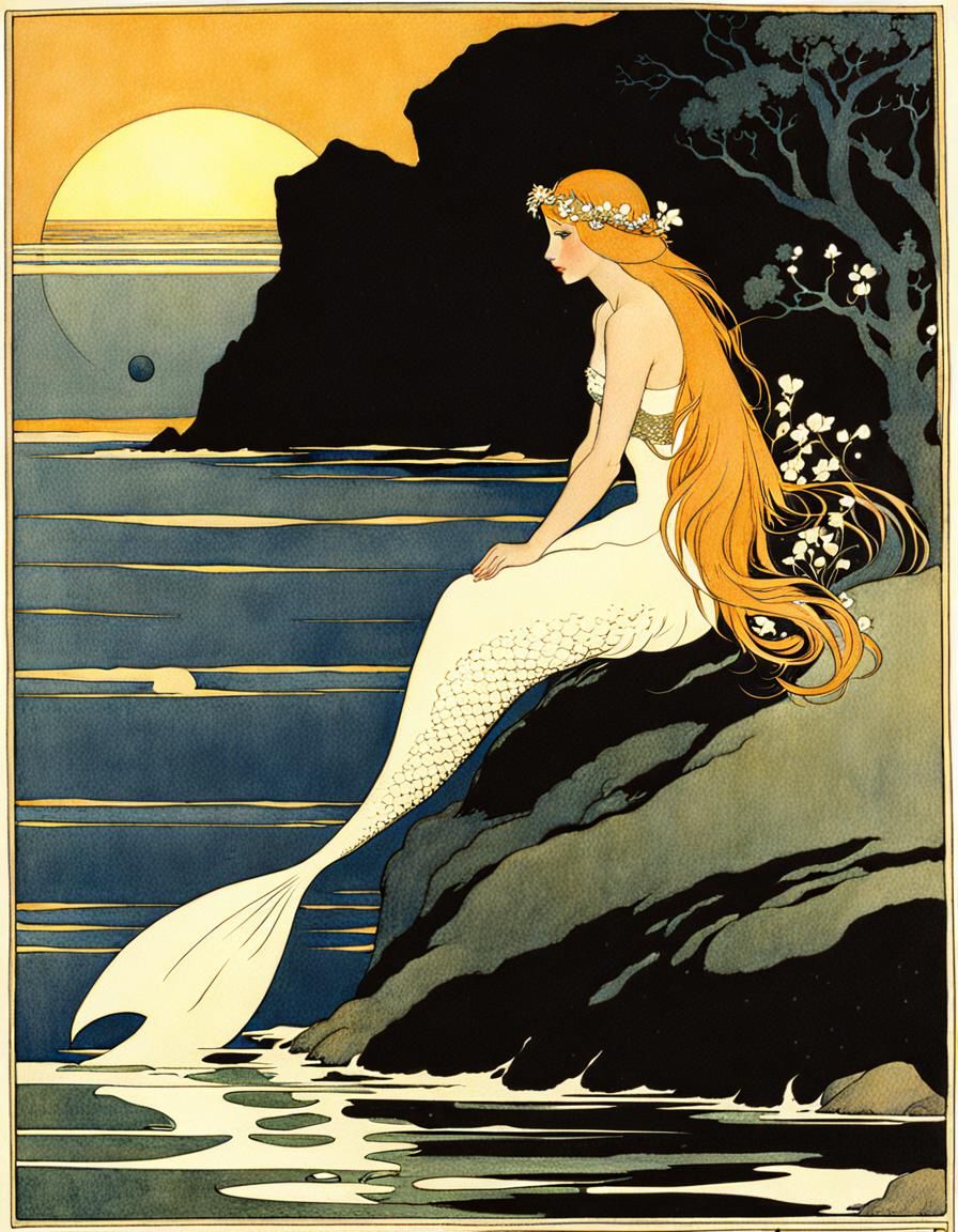 Whimsical Mermaid Illustration in Vintage Style