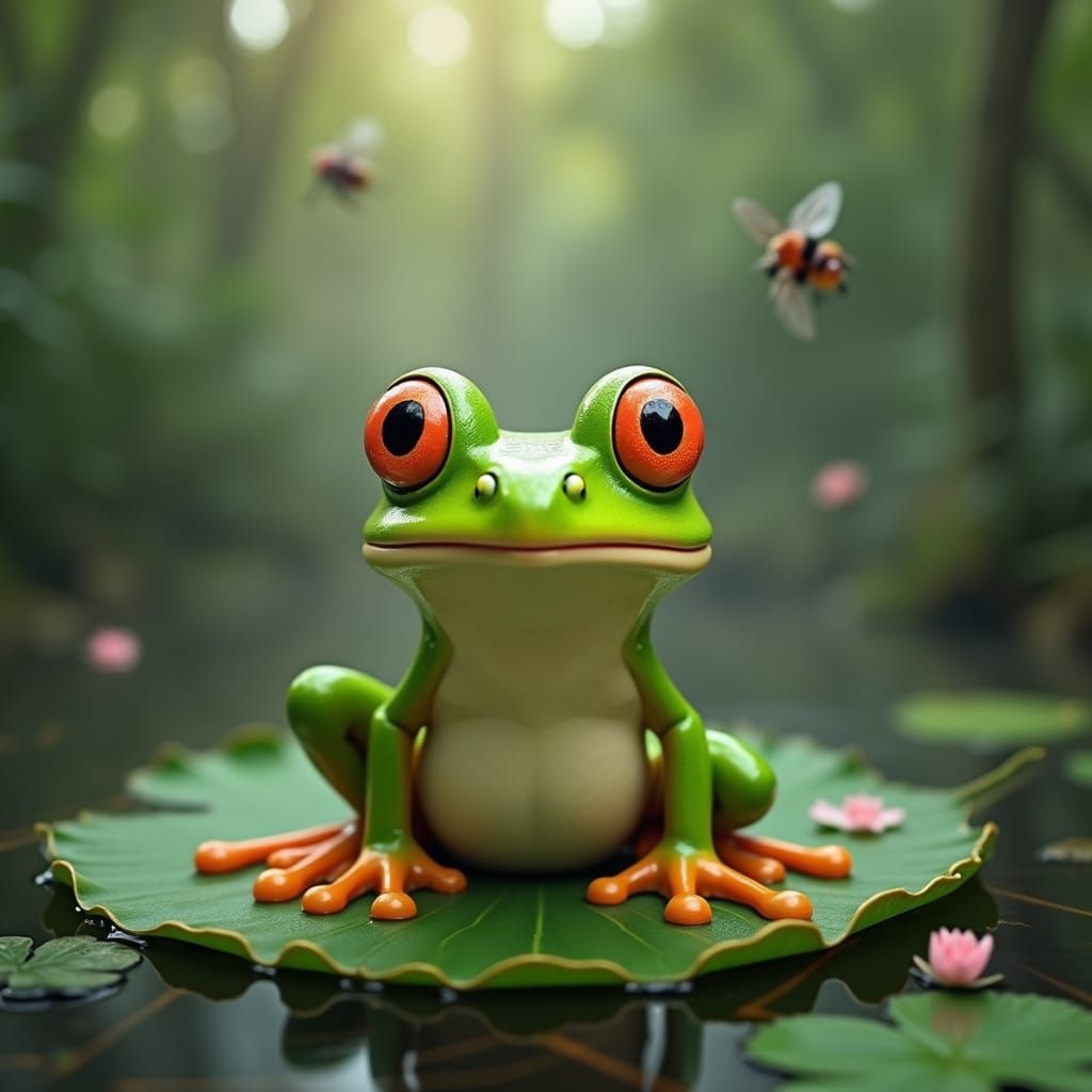 Surprised Frog on Lily Pad in Swamp Scene