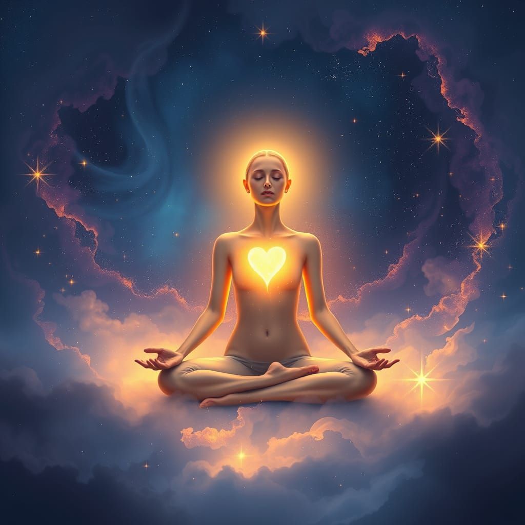Ethereal Woman Meditating in Cosmic Starlight