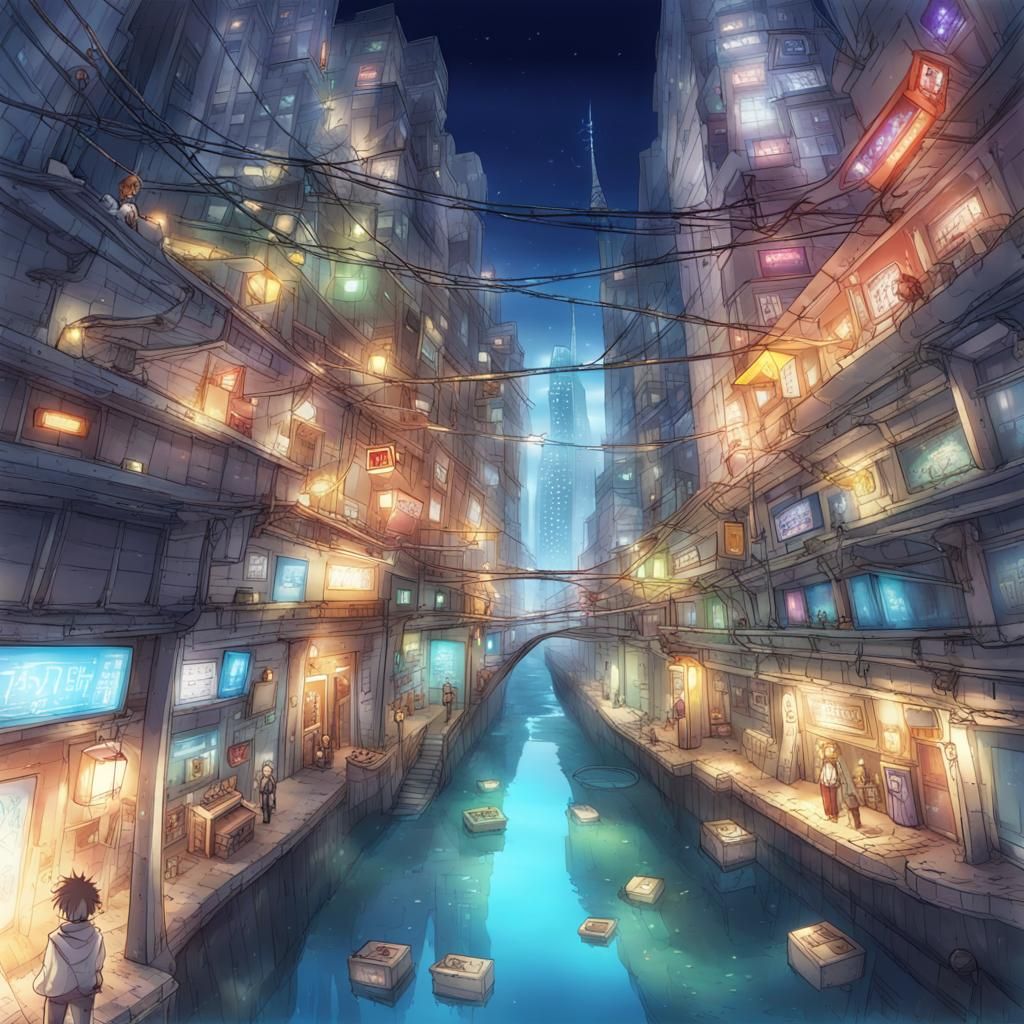 Upside Down Sci-Fi City in Anime Style