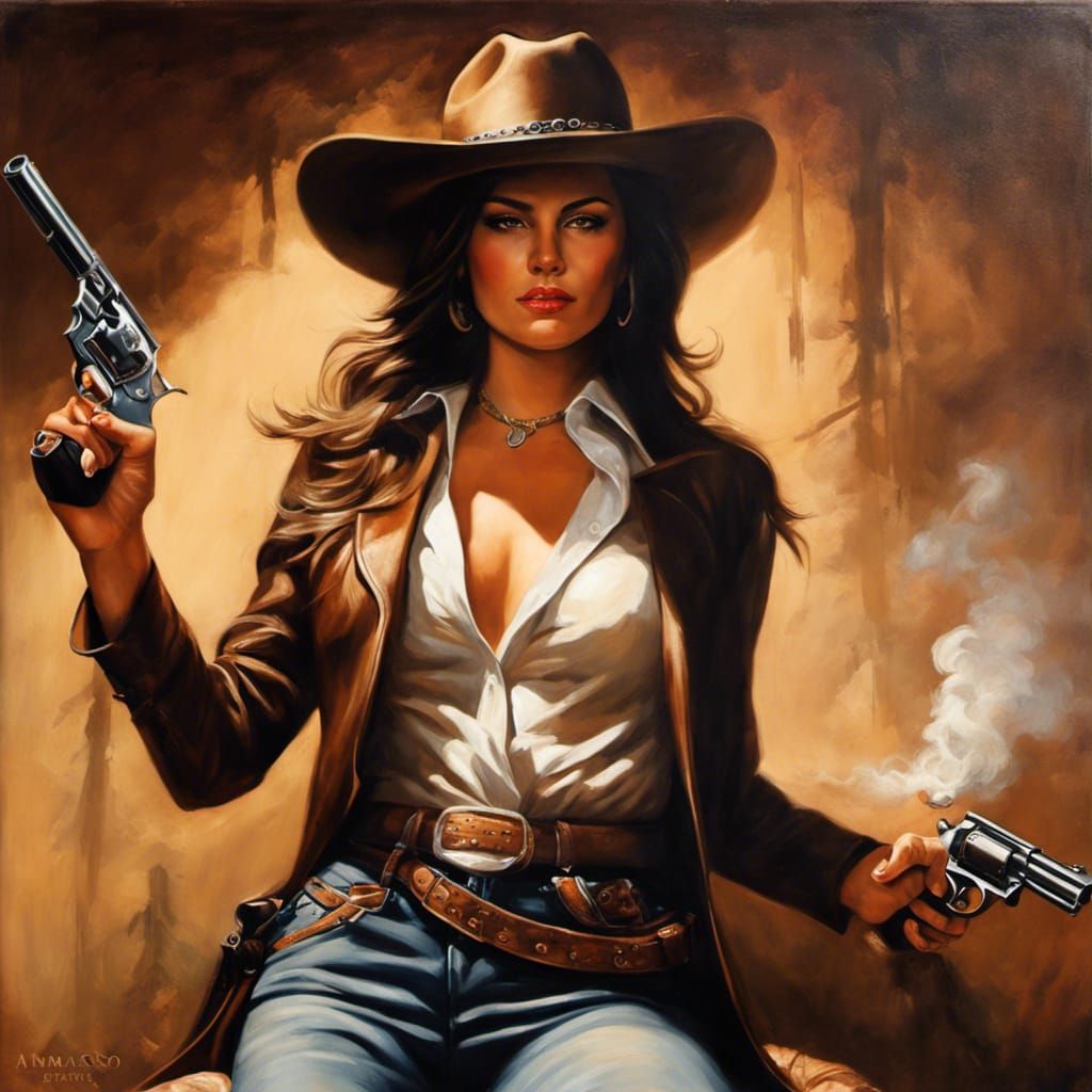 Cowgirl Smoking Cigar in Violent West Airbrush Painting