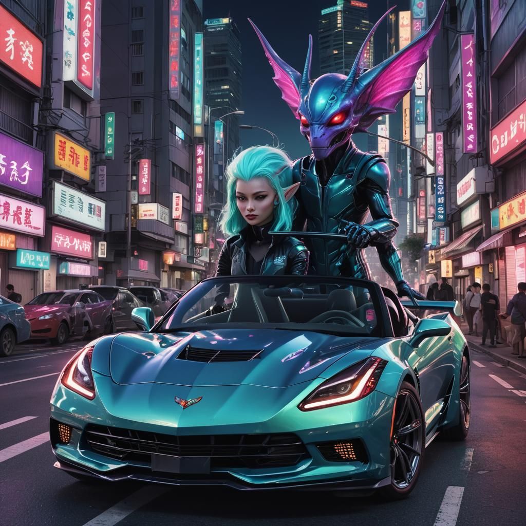 Alien Couple Cruise Tokyo in Corvette, Digital Art