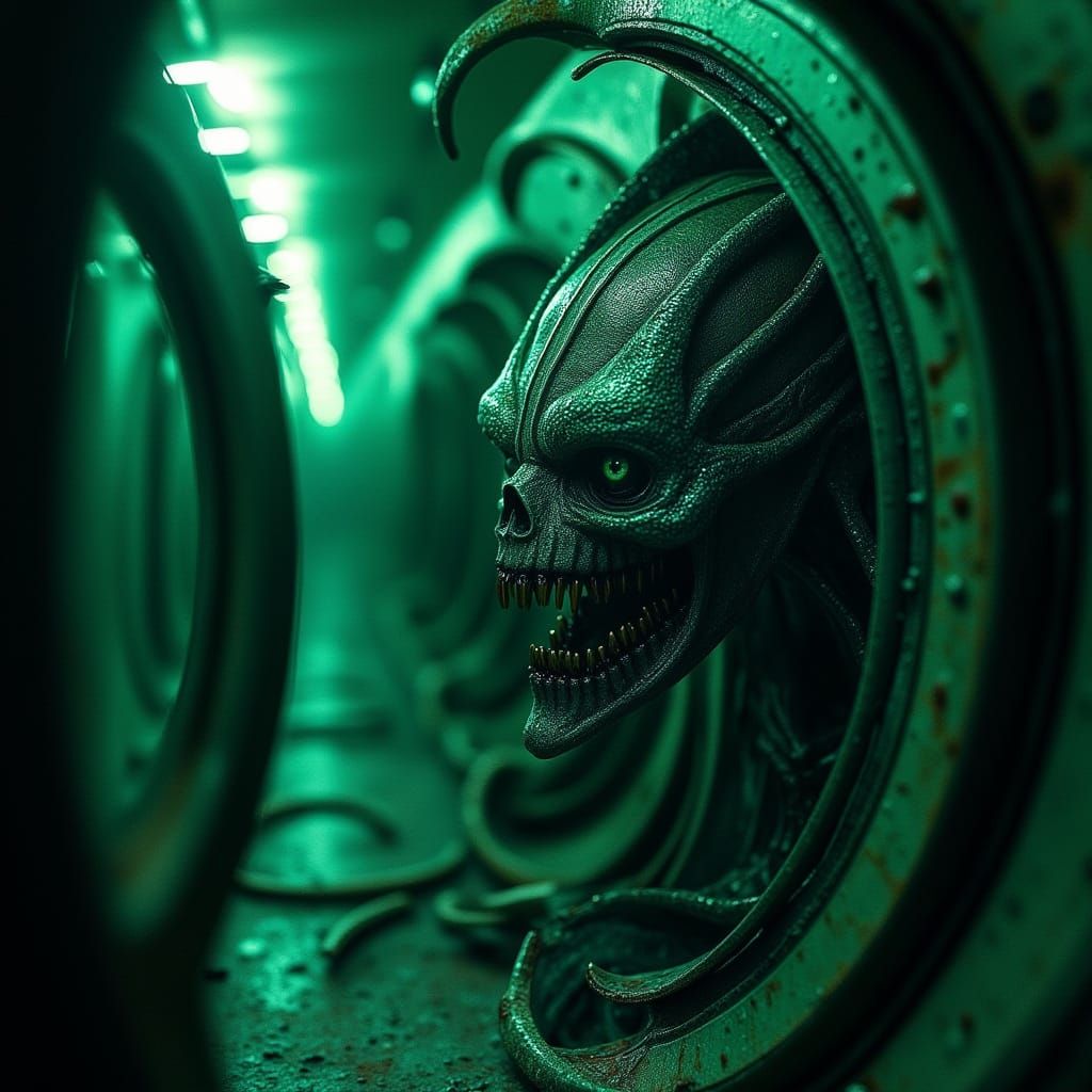 Grotesque Alien Trapped in Dryer with Green Neon Lights