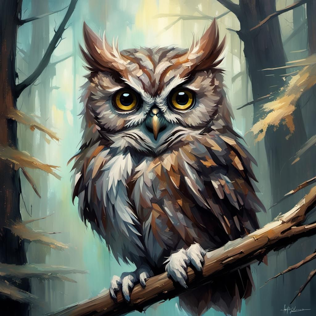 Cute Fluffy Owl in Magical Forest