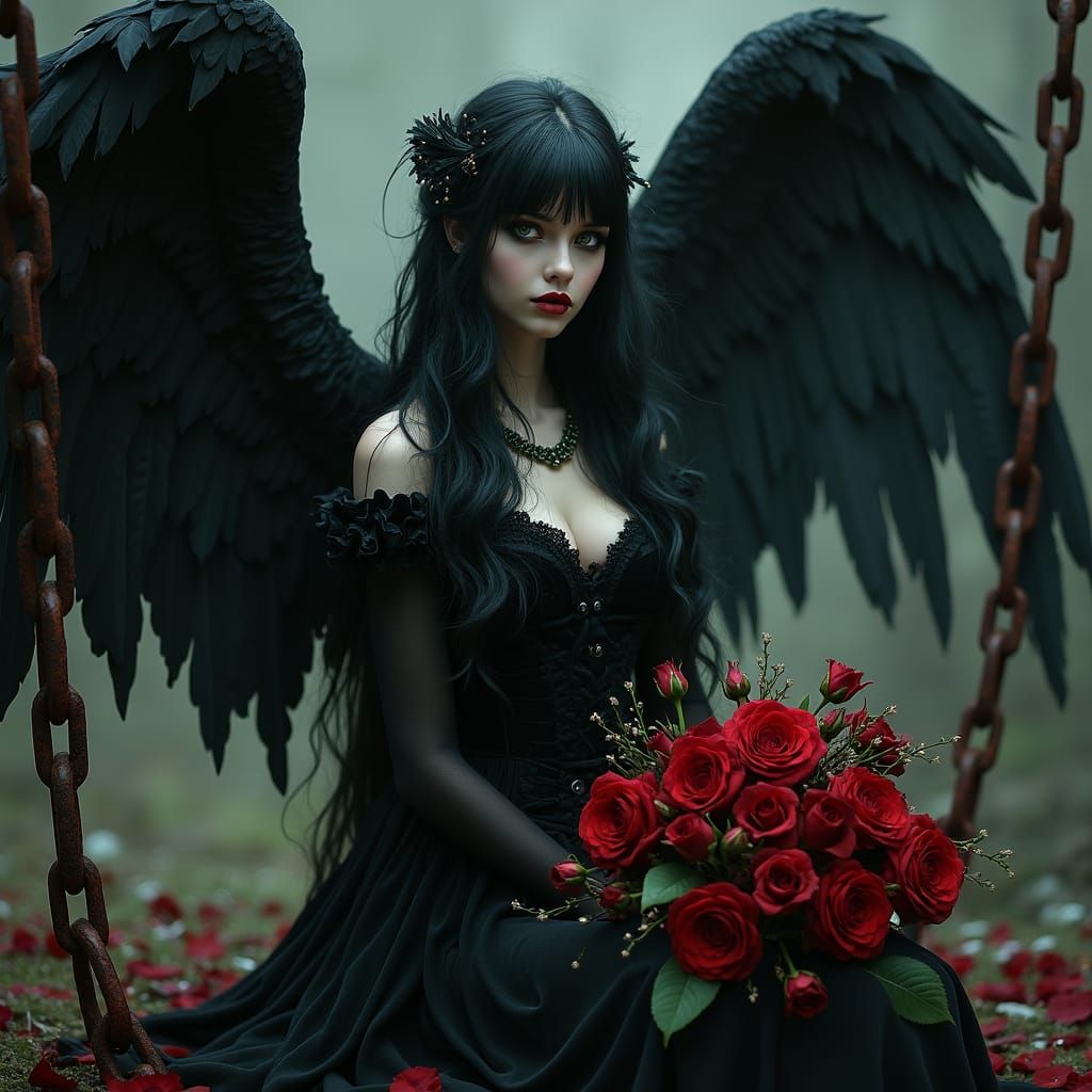 Ethereal Gothic Angel in Velvet and Chains, with Blood-Red R...