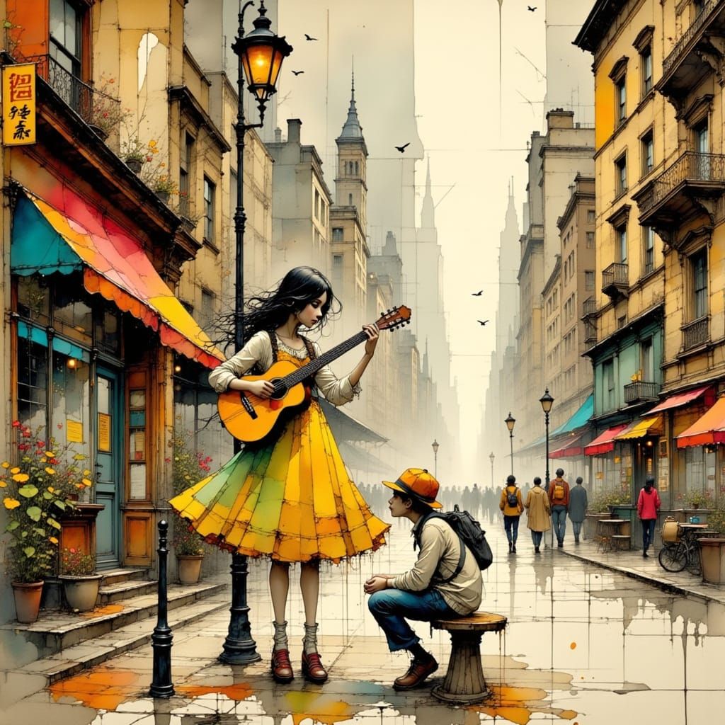 Fairy Guitarist in New York, Whimsical Illustration