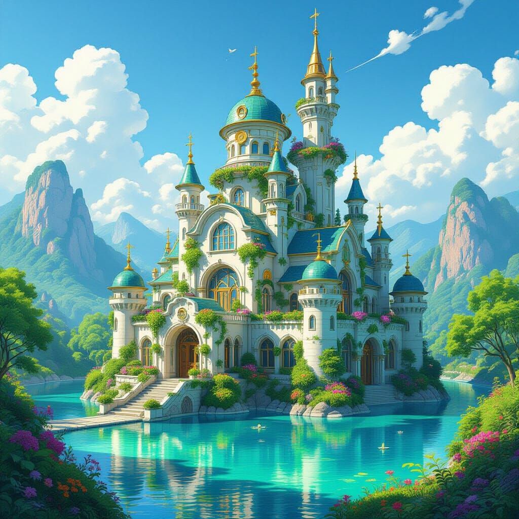 Majestic Solarpunk Castle with Lush Greenery