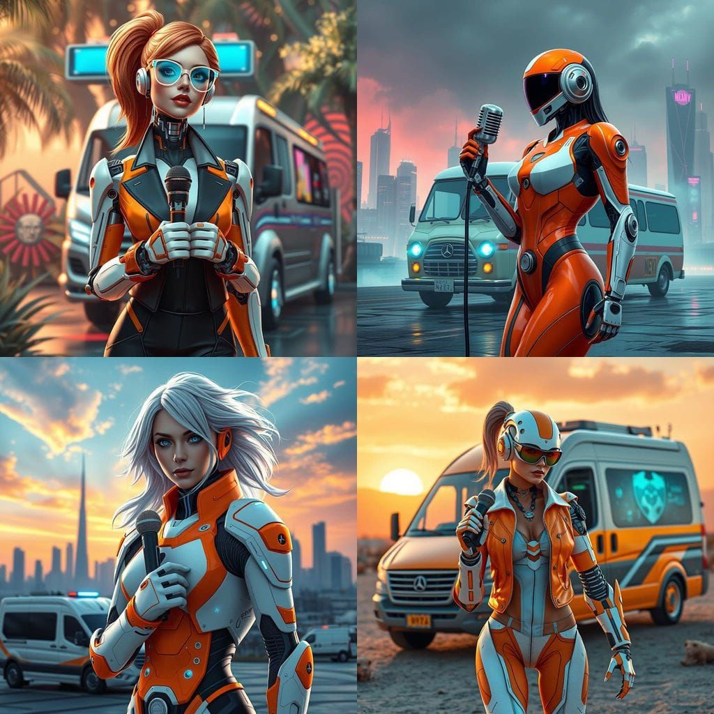 Cyborg News Anchor in Vibrant Outdoor Setting