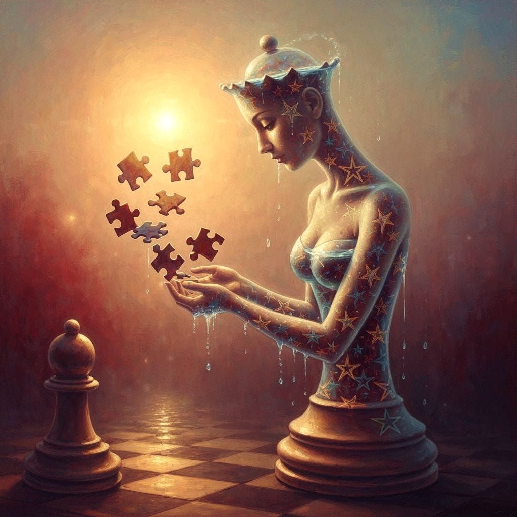 Water Chess Queen Collecting Puzzle Pieces Amidst Stars