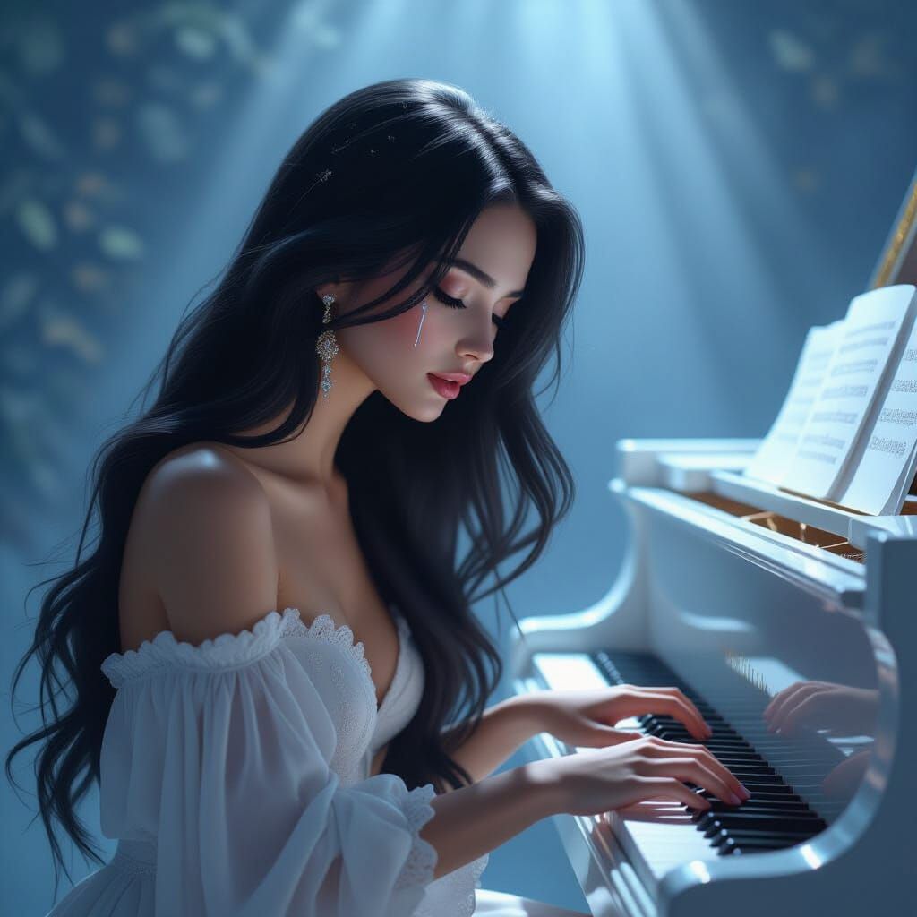 Ethereal Woman at Piano in Anne Stokes Style