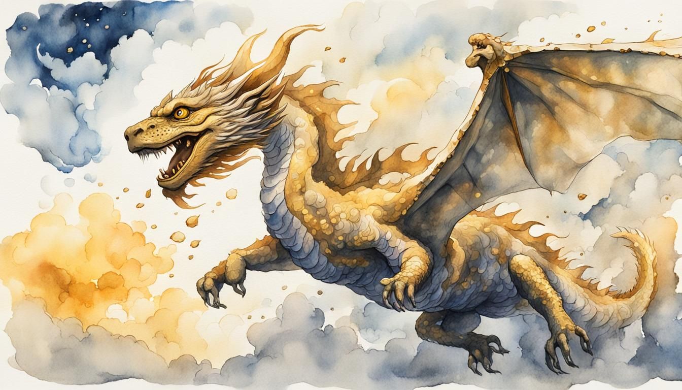Falkor the Luck Dragon Soaring: Ink and Wash Illustration