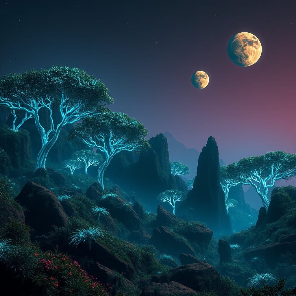Exoplanet Alien Jungle with Bioluminescent Flora