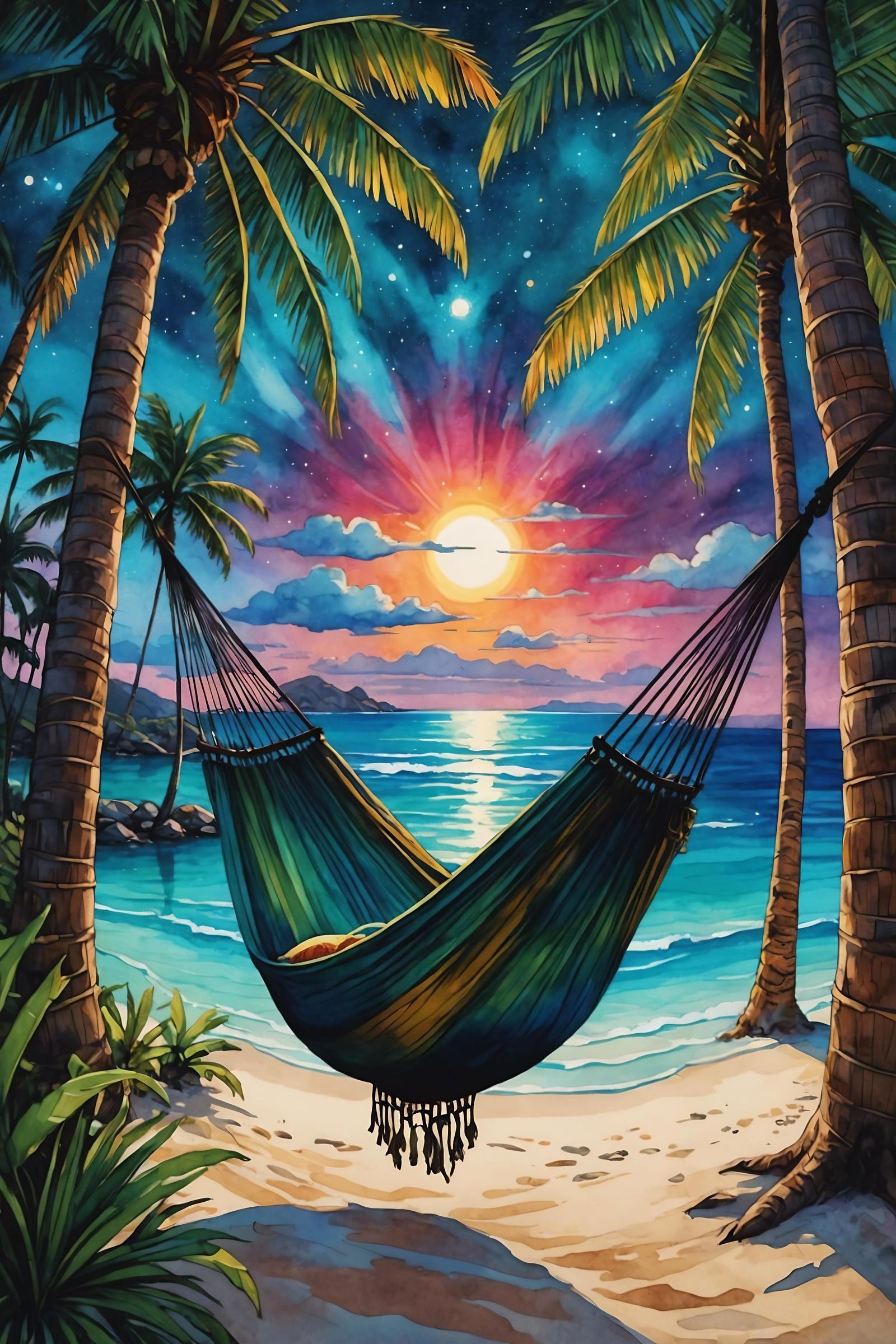 Dreamy Hammock Scene in Starry Watercolor Style