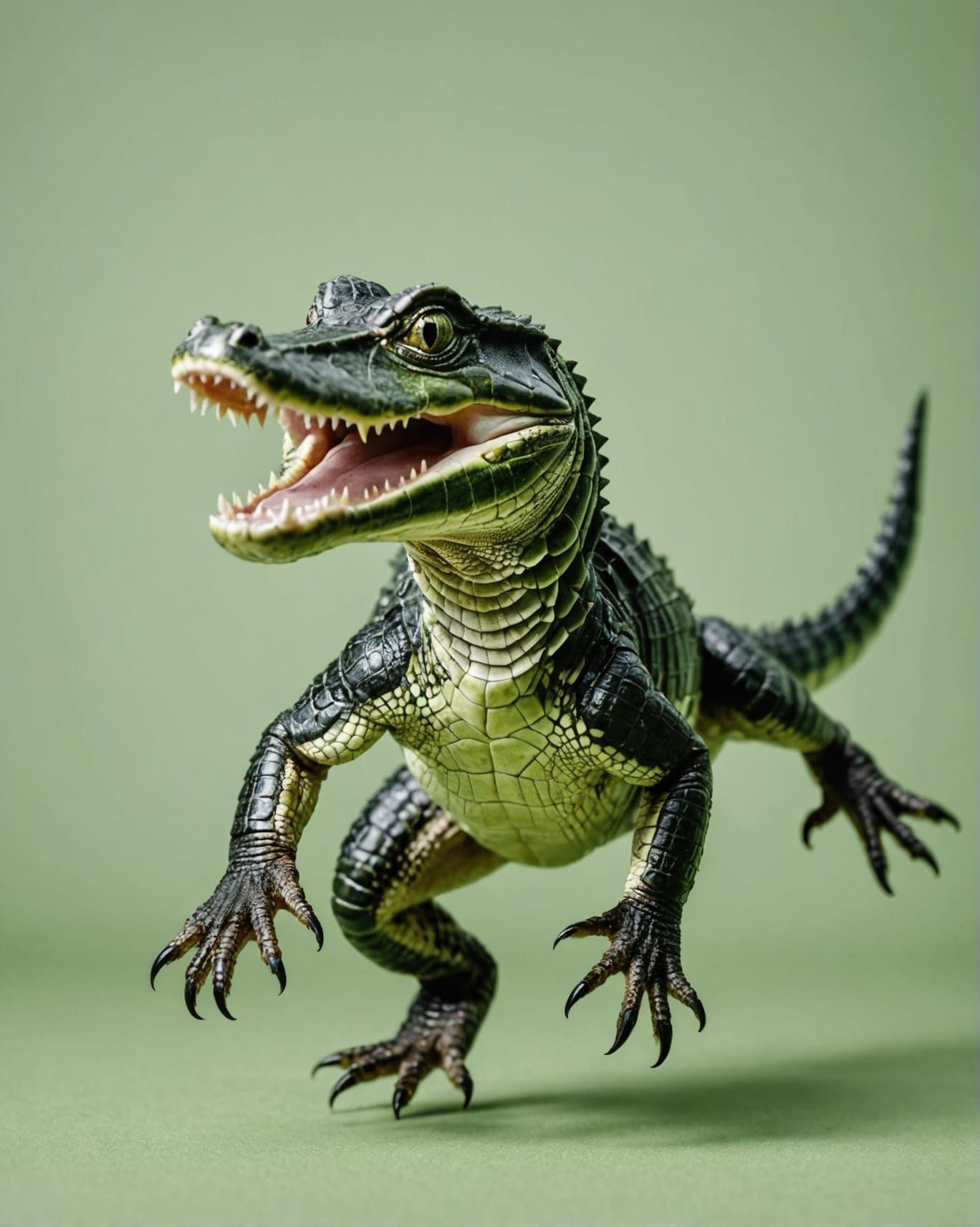 baby alligator, captured in mid jump, studio shot