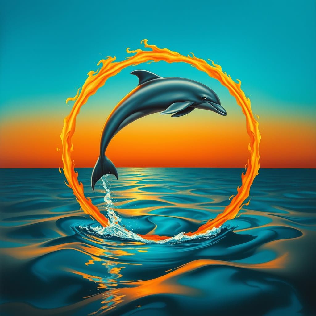 Surrealist Dolphin Leaps Through a Blazing Hoop in a Dreamli...