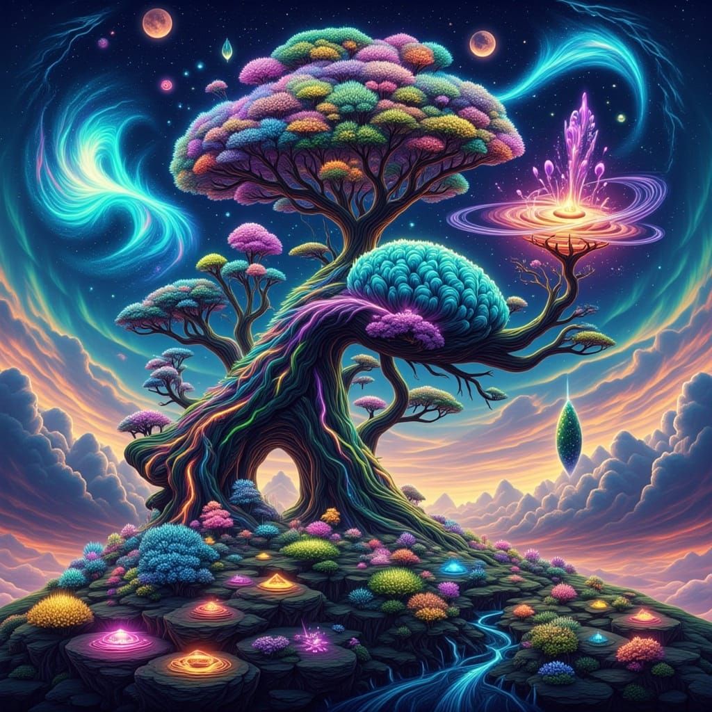 Book Tree Dreamscape with Floating Islands in Surreal Style