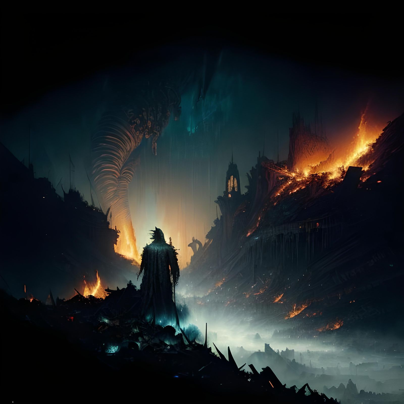 Fiery Garbage Dump at Night, Horror Art