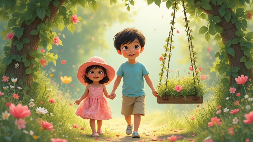 Magical Garden Scene with Children in Dreamy Style