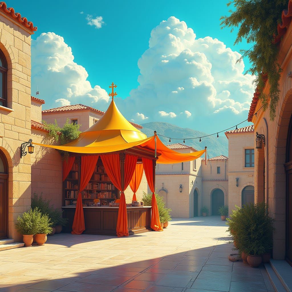 Vibrant Sukkah in Sunny Courtyard as Matte Painting