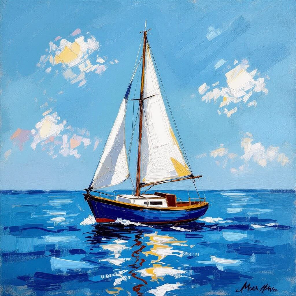 Close-Up Sailboat Oil Pastel Painting on Calm Sea