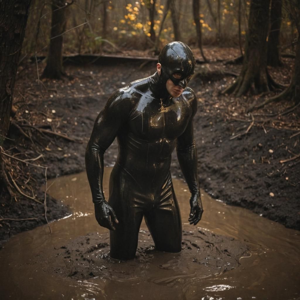 Man in Latex Sinking into Quicksand: Surreal Photo