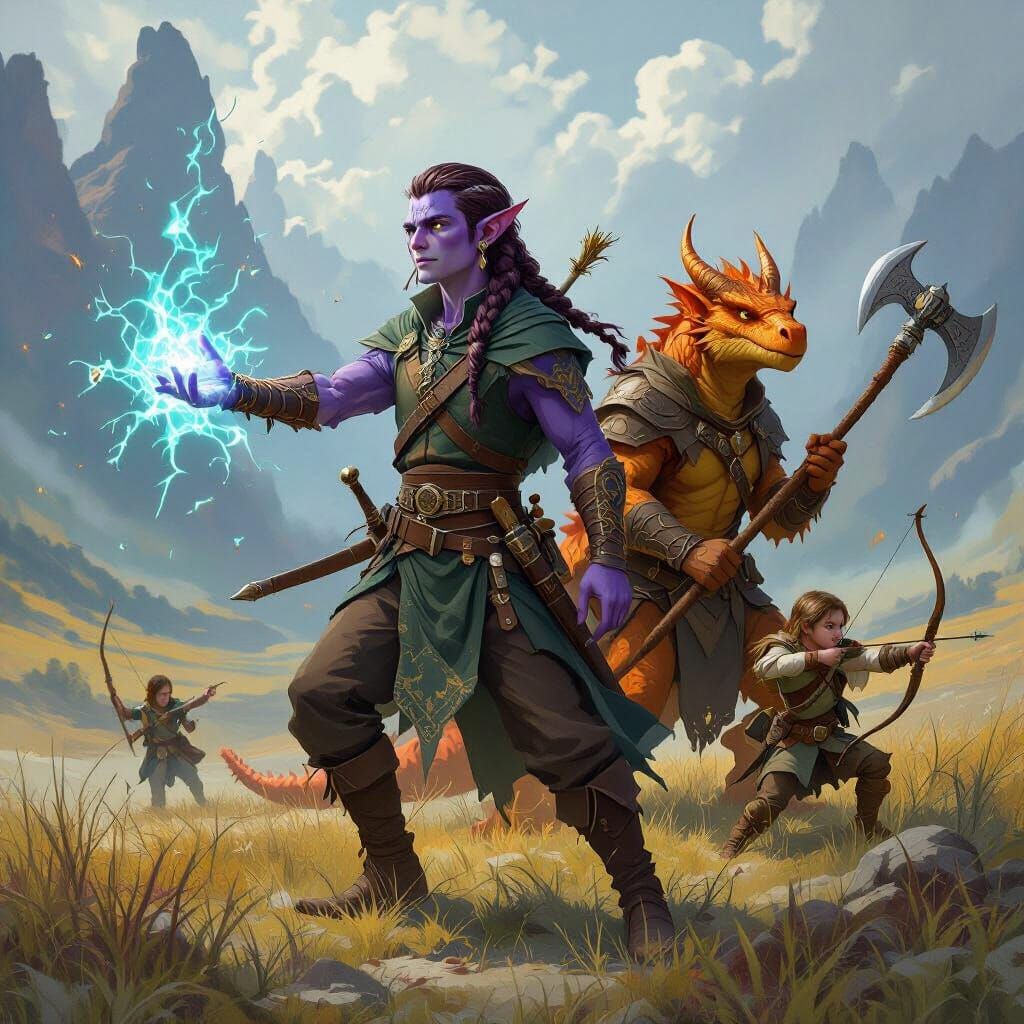 Tiefling Bard, Dragonborn Warrior, and Half-Elf Archer in Fa...