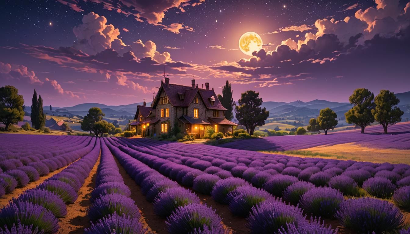 Lavender Fields at Moonlit Night: Dark Fantasy Art