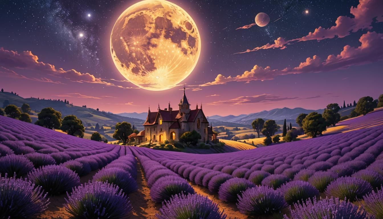 Lavender Fields Under Starry Moonlit Sky
