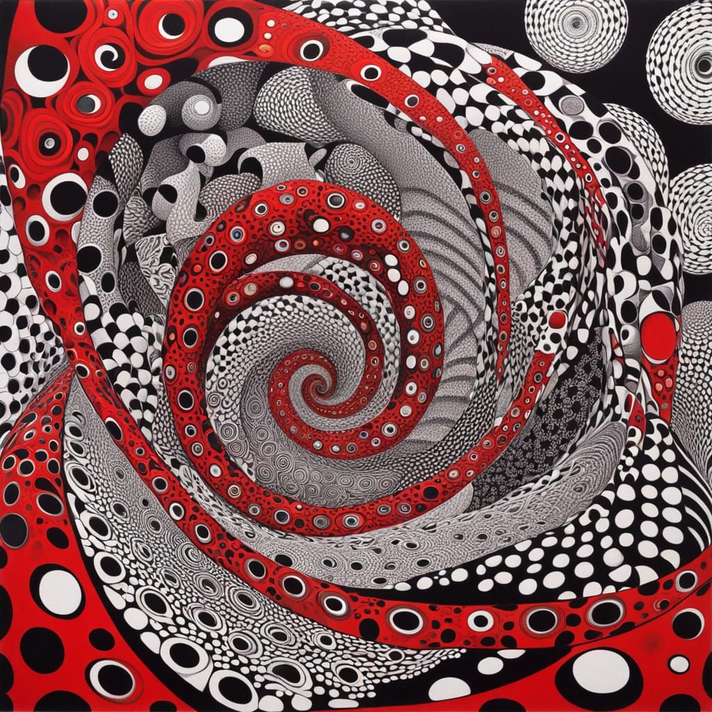 Vertigo Illusion with Spirals in Red, White and Black