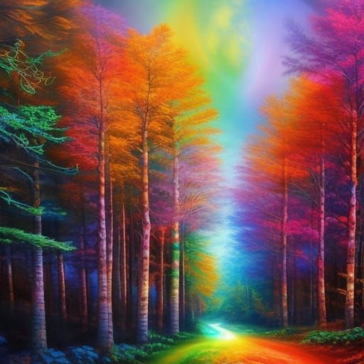 Rainbow Forest in Hyperdetailed Gouache Style
