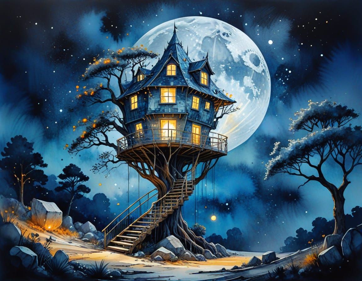 Whimsical Lunar Tree House in Vibrant Watercolour