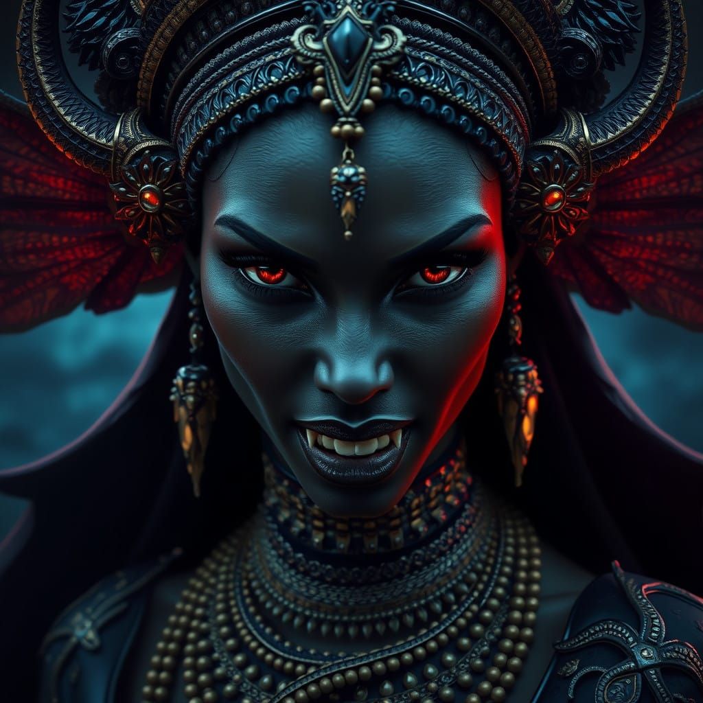 Seductive African Vampire Goddess in Dark, Fantastical Atmos...