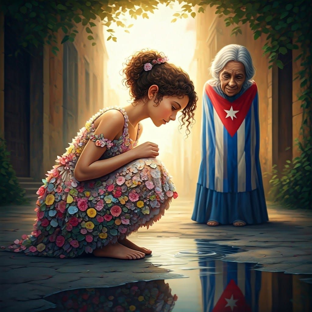 Girl's Floral Gown Reflects Elderly Woman, Impressionistic S...