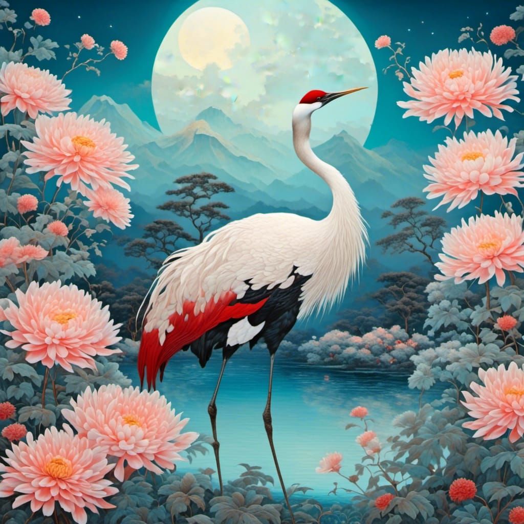 Crane in Moonlight Chrysanthemum Field, Ukiyo-e Style